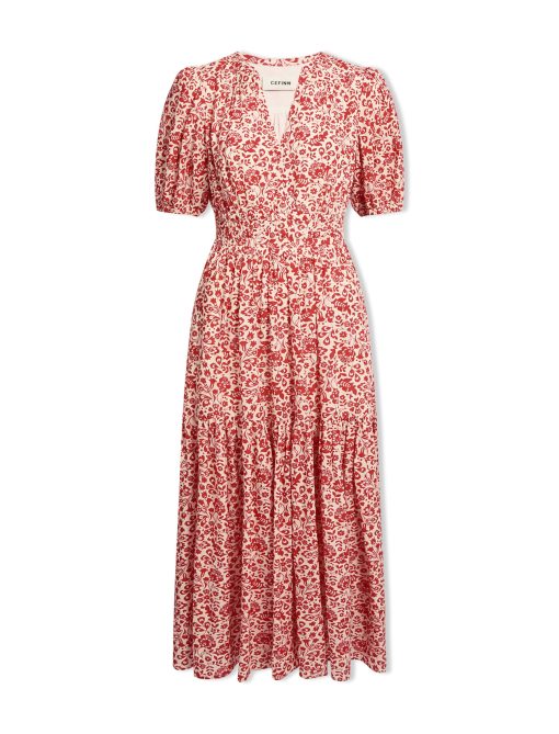 Olive Cotton Blend Midi Dress - Red Mono Floral Print - 画像 (6)