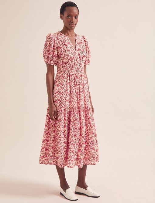 Olive Cotton Blend Midi Dress - Red Mono Floral Print - 画像 (3)