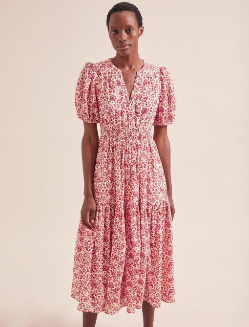 Olive Cotton Blend Midi Dress - Red Mono Floral Print - 画像 (4)