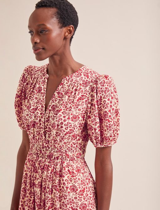 Olive Cotton Blend Midi Dress - Red Mono Floral Print - 画像 (2)