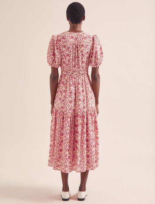 Olive Cotton Blend Midi Dress - Red Mono Floral Print - 画像 (5)