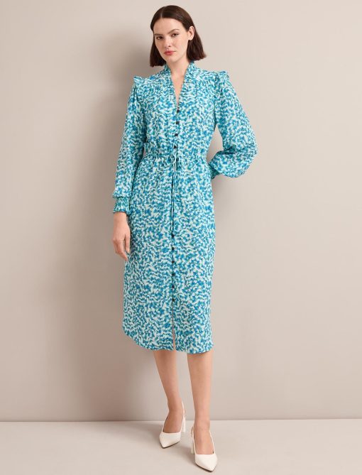 Stella Silk Midi Dress - Blue Green Feather Print - 画像 (5)