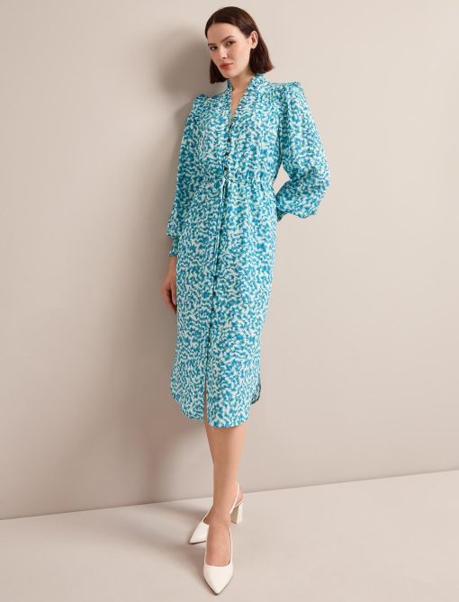 Stella Silk Midi Dress - Blue Green Feather Print - 画像 (6)