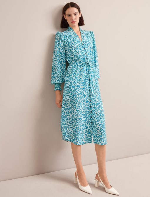 Stella Silk Midi Dress - Blue Green Feather Print - 画像 (3)
