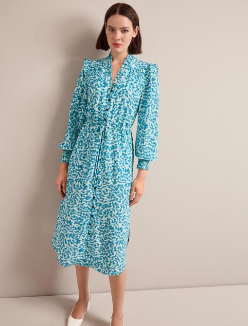 Stella Silk Midi Dress - Blue Green Feather Print - 画像 (7)