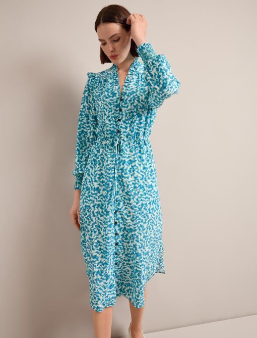 Stella Silk Midi Dress - Blue Green Feather Print - 画像 (4)