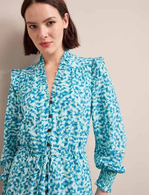 Stella Silk Midi Dress - Blue Green Feather Print - 画像 (2)