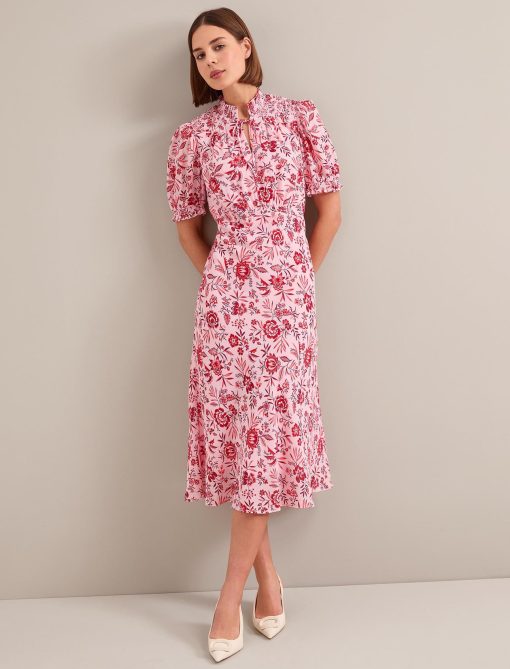 Irina Cotton Blend Midi Dress - Pink Palm Floral Print - 画像 (5)