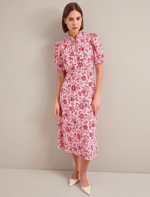 Irina Cotton Blend Midi Dress - Pink Palm Floral Print - 画像 (3)
