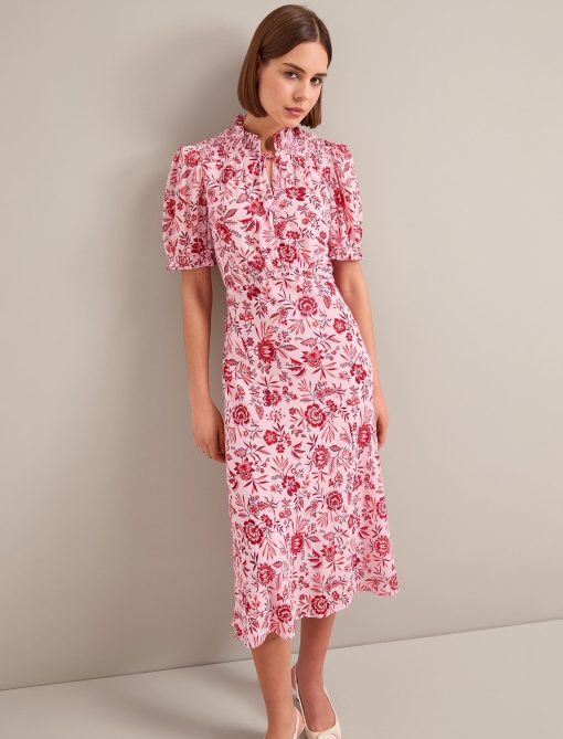 Irina Cotton Blend Midi Dress - Pink Palm Floral Print - 画像 (6)