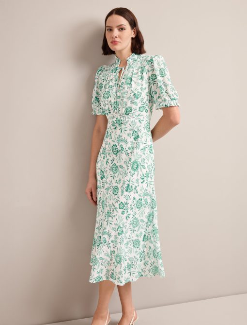 Irina Cotton Blend Midi Dress - Green Palm Floral Print - 画像 (2)