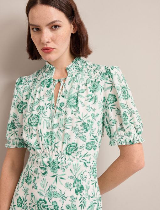 Irina Cotton Blend Midi Dress - Green Palm Floral Print - 画像 (3)