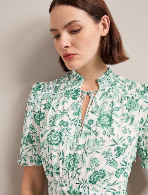 Irina Cotton Blend Midi Dress - Green Palm Floral Print - 画像 (4)