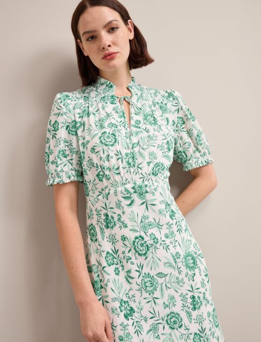 Irina Cotton Blend Midi Dress - Green Palm Floral Print - 画像 (5)