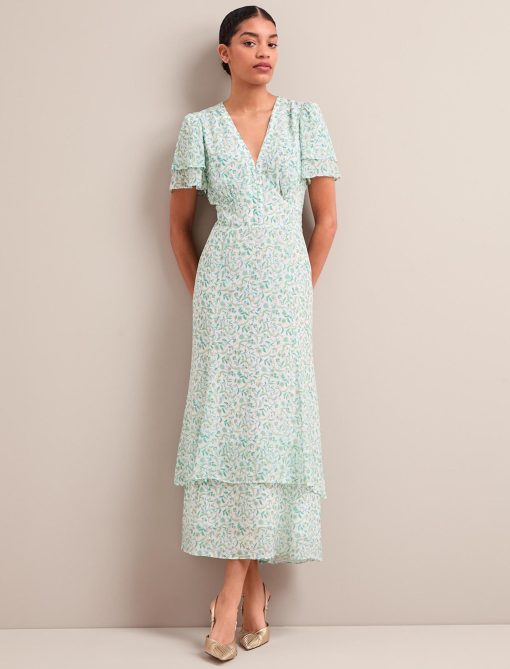 Lotta Gold Metallic Fil Coupé Maxi Dress - Green Yellow Trailing Feather Print - 画像 (3)