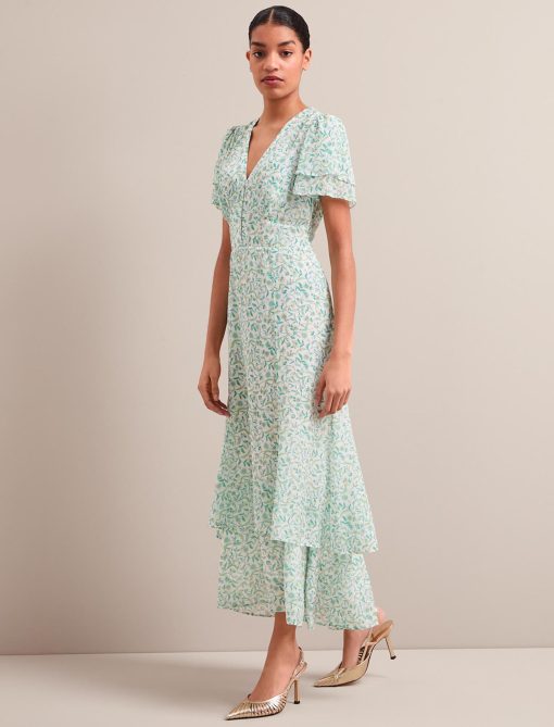 Lotta Gold Metallic Fil Coupé Maxi Dress - Green Yellow Trailing Feather Print - 画像 (9)