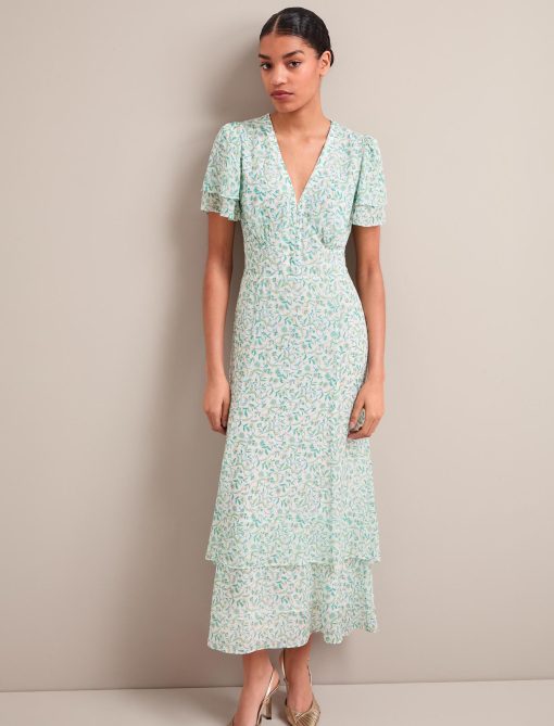 Lotta Gold Metallic Fil Coupé Maxi Dress - Green Yellow Trailing Feather Print - 画像 (7)