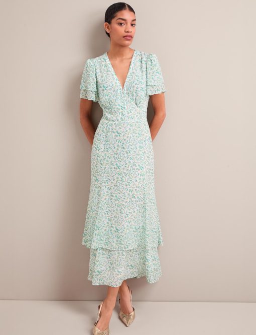 Lotta Gold Metallic Fil Coupé Maxi Dress - Green Yellow Trailing Feather Print - 画像 (6)