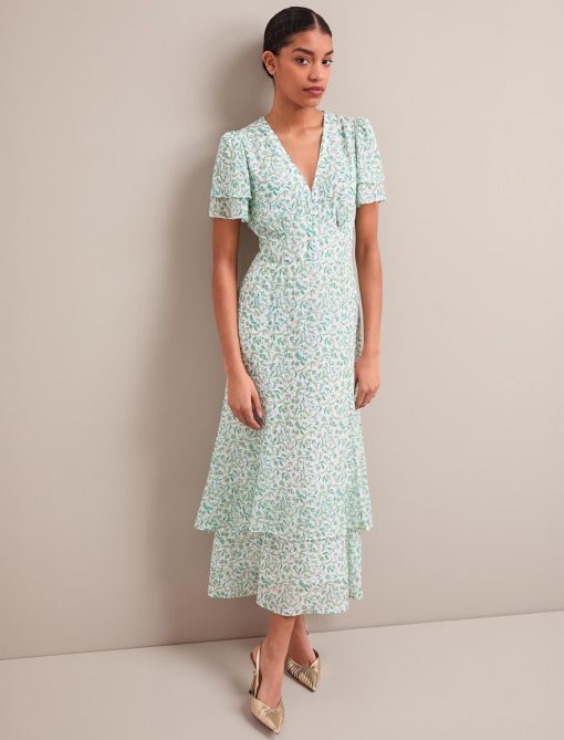 Lotta Gold Metallic Fil Coupé Maxi Dress - Green Yellow Trailing Feather Print - 画像 (4)