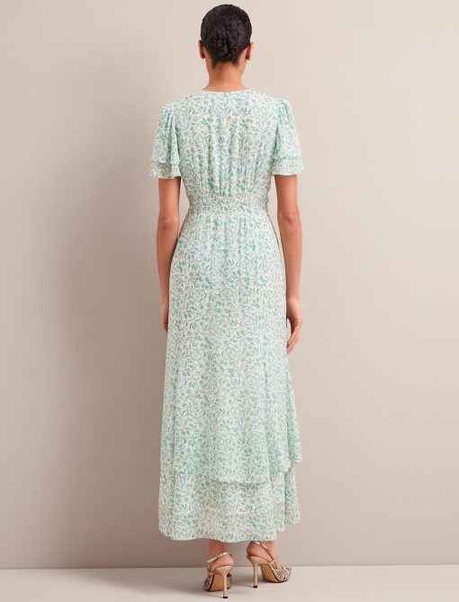 Lotta Gold Metallic Fil Coupé Maxi Dress - Green Yellow Trailing Feather Print - 画像 (10)
