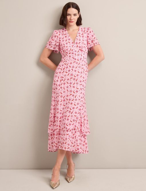Lotta Gold Metallic Fil Coupé Maxi Dress - Pink Floral Trellis Print - 画像 (4)