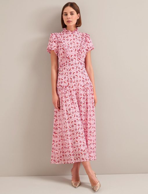Mirabel Gold Metallic Fil Coupé Maxi Dress - Pink Floral Trellis Print - 画像 (2)