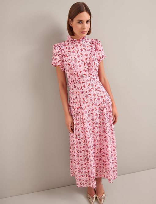 Mirabel Gold Metallic Fil Coupé Maxi Dress - Pink Floral Trellis Print - 画像 (6)