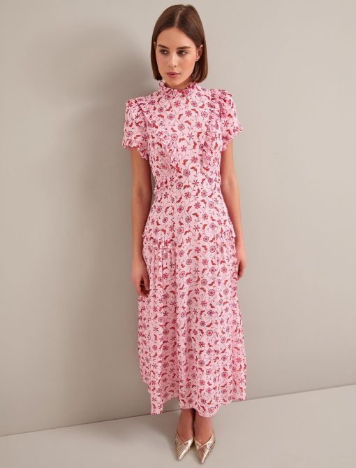 Mirabel Gold Metallic Fil Coupé Maxi Dress - Pink Floral Trellis Print - 画像 (7)