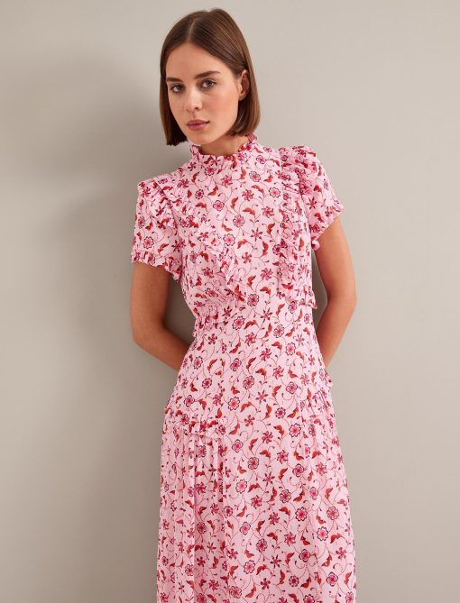Mirabel Gold Metallic Fil Coupé Maxi Dress - Pink Floral Trellis Print - 画像 (9)