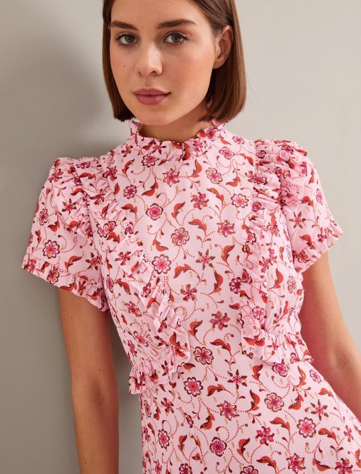 Mirabel Gold Metallic Fil Coupé Maxi Dress - Pink Floral Trellis Print - 画像 (8)