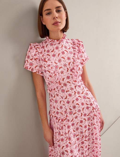 Mirabel Gold Metallic Fil Coupé Maxi Dress - Pink Floral Trellis Print - 画像 (3)