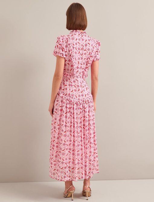 Mirabel Gold Metallic Fil Coupé Maxi Dress - Pink Floral Trellis Print - 画像 (10)