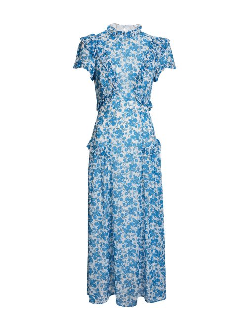 Mirabel Gold Metallic Fil Coupé Maxi Dress - White Blue Paisley Print - 画像 (11)