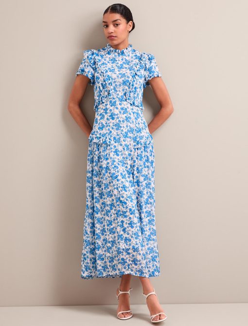 Mirabel Gold Metallic Fil Coupé Maxi Dress - White Blue Paisley Print - 画像 (4)