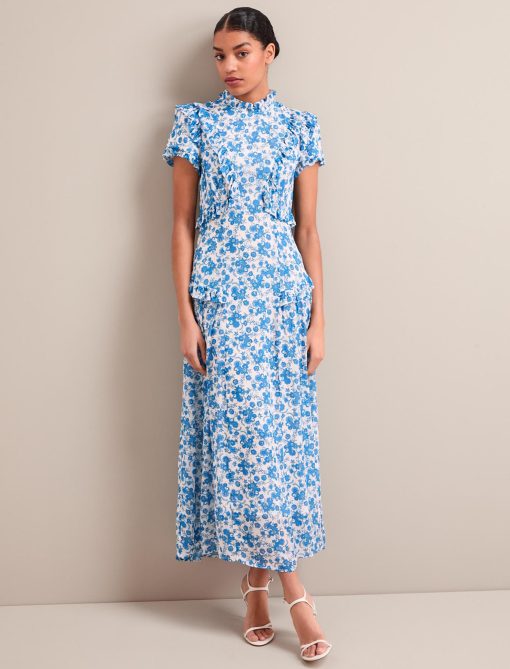 Mirabel Gold Metallic Fil Coupé Maxi Dress - White Blue Paisley Print - 画像 (7)