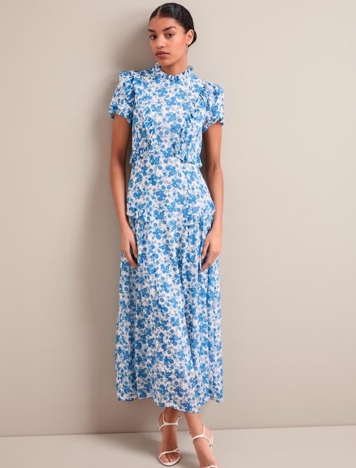 Mirabel Gold Metallic Fil Coupé Maxi Dress - White Blue Paisley Print - 画像 (9)