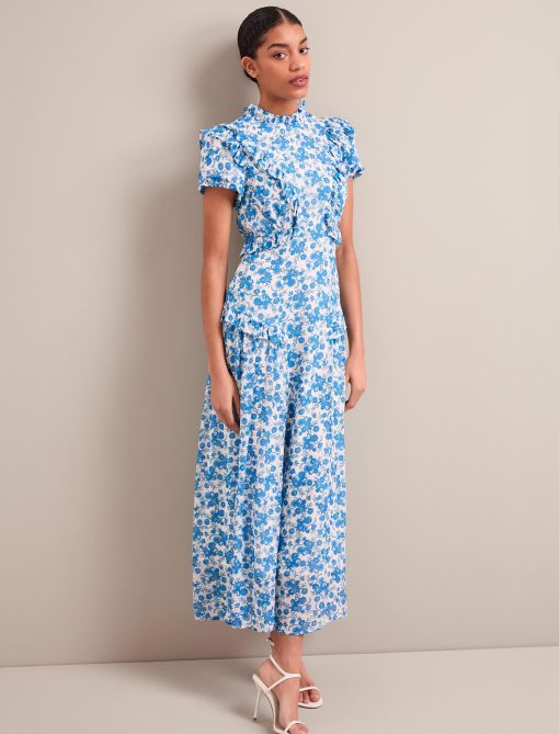 Mirabel Gold Metallic Fil Coupé Maxi Dress - White Blue Paisley Print - 画像 (5)