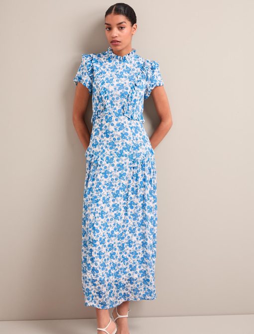 Mirabel Gold Metallic Fil Coupé Maxi Dress - White Blue Paisley Print - 画像 (6)