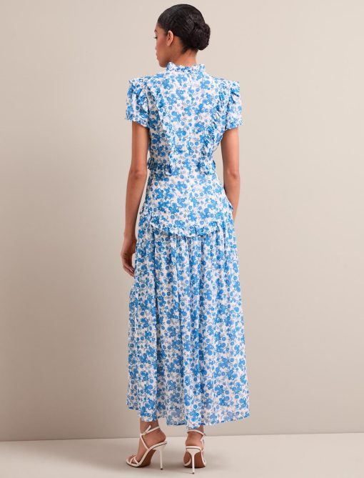 Mirabel Gold Metallic Fil Coupé Maxi Dress - White Blue Paisley Print - 画像 (10)