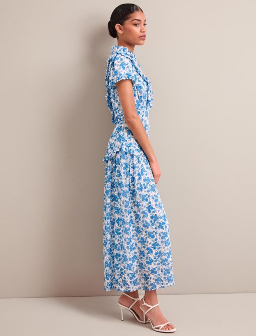 Mirabel Gold Metallic Fil Coupé Maxi Dress - White Blue Paisley Print - 画像 (8)