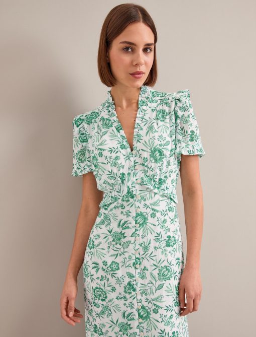 Liliana Cotton Blend Maxi Dress - Green Palm Floral Print - 画像 (2)