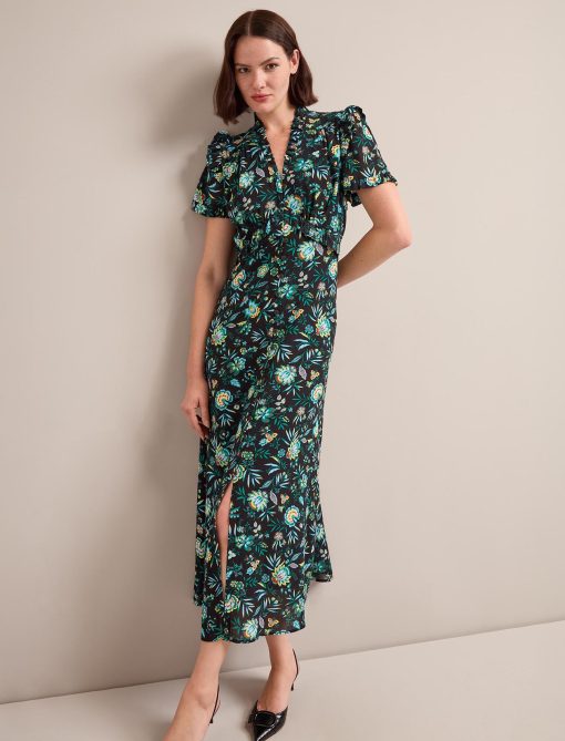 Liliana Cotton Blend Maxi Dress - Black Palm Floral Print - 画像 (5)