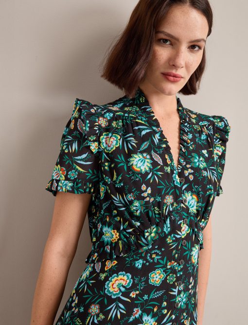 Liliana Cotton Blend Maxi Dress - Black Palm Floral Print - 画像 (4)