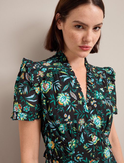 Liliana Cotton Blend Maxi Dress - Black Palm Floral Print - 画像 (2)