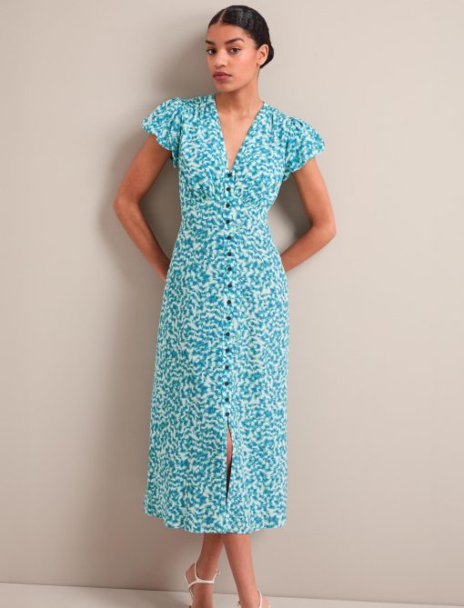 Leila Silk Maxi Dress - Blue Green Feather Print - 画像 (10)