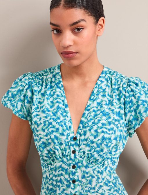 Leila Silk Maxi Dress - Blue Green Feather Print - 画像 (2)