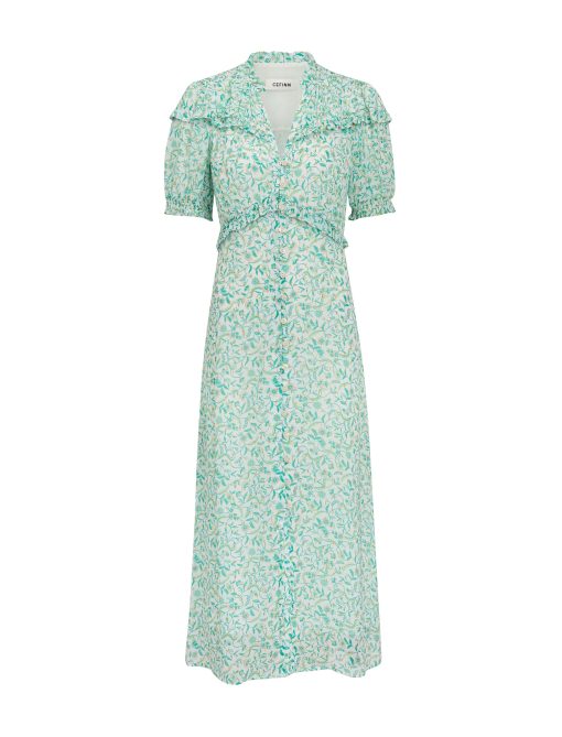 Viola Gold Metallic Fil Coupé Midi Dress - Green Yellow Trailing Feather Print - 画像 (13)