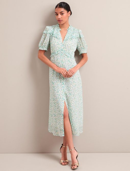 Viola Gold Metallic Fil Coupé Midi Dress - Green Yellow Trailing Feather Print - 画像 (4)