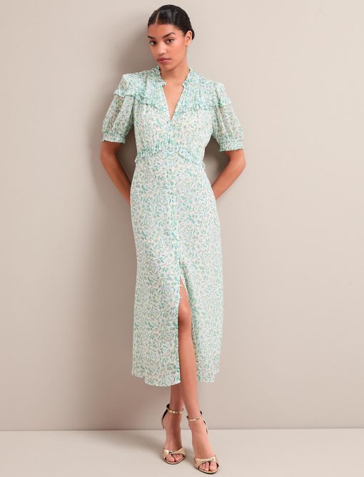 Viola Gold Metallic Fil Coupé Midi Dress - Green Yellow Trailing Feather Print - 画像 (6)