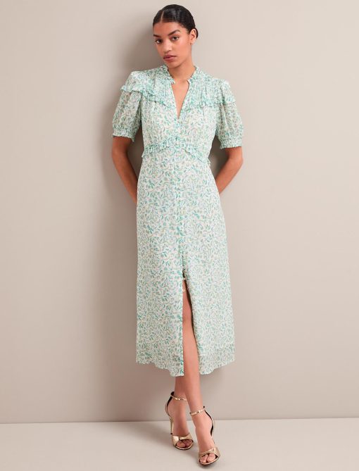 Viola Gold Metallic Fil Coupé Midi Dress - Green Yellow Trailing Feather Print - 画像 (8)
